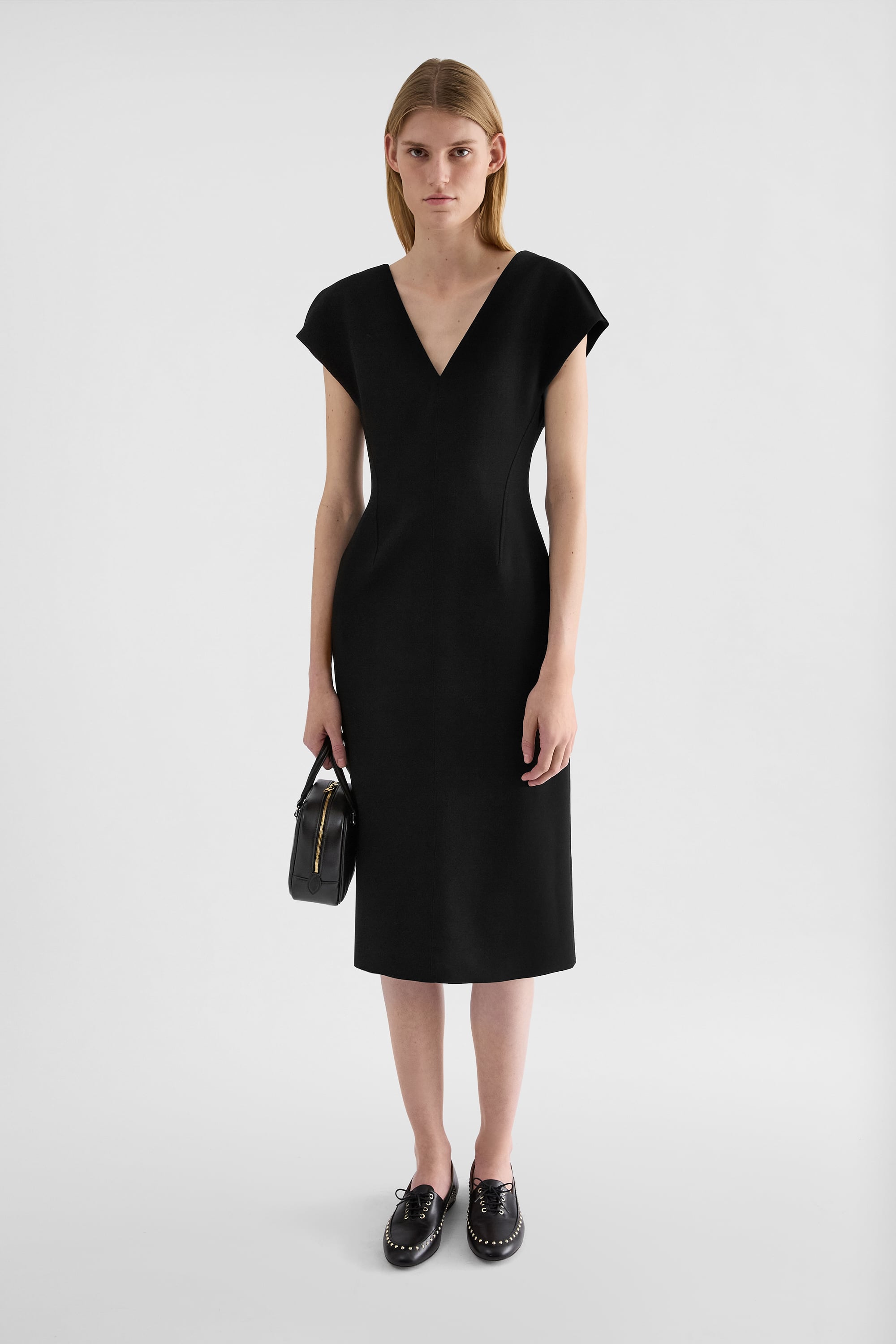 Jil Sander Wool Sablé V-Neck Dress