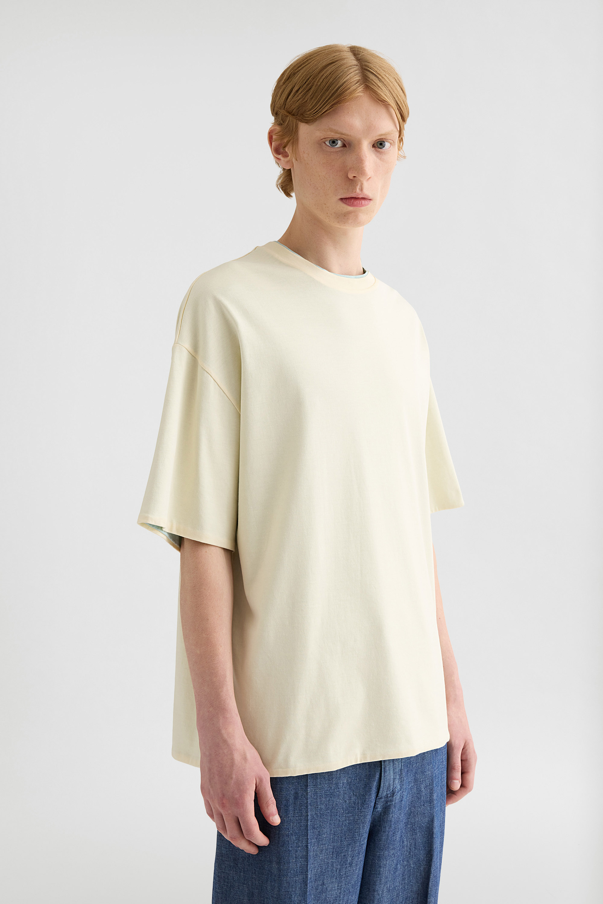 JIL SANDER ジルサンダー 20SS JSWQ605005 シルク切替 コットン スキッパー Vネック プルオーバー 半袖 シャツ マルチカラー系 ベージュ系 34【中古】 Cotton Reversible T-Shirt Man | Jil Sander Official Online Store